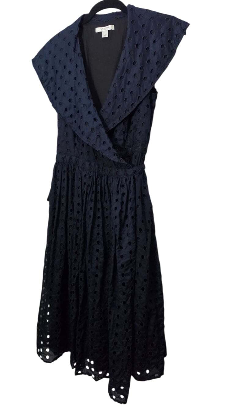 Navy Eyelet Wrap Midi Dress Women's Sz 8 Classic Professional Career